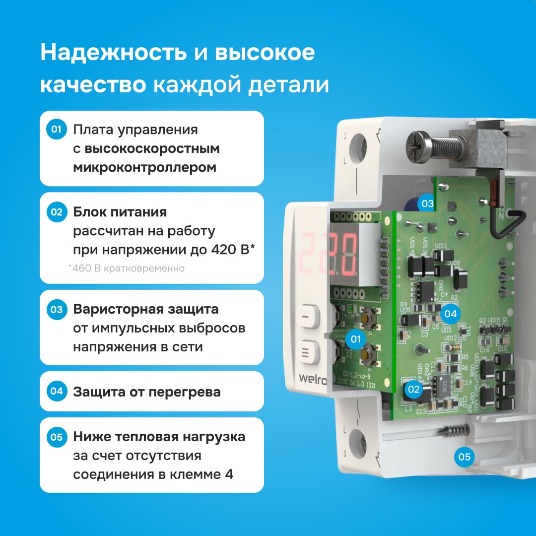 Большой диапазон параметров и всевозможные защиты обеспечивают высокую надежность реле напряжения Welrok D2-40 red