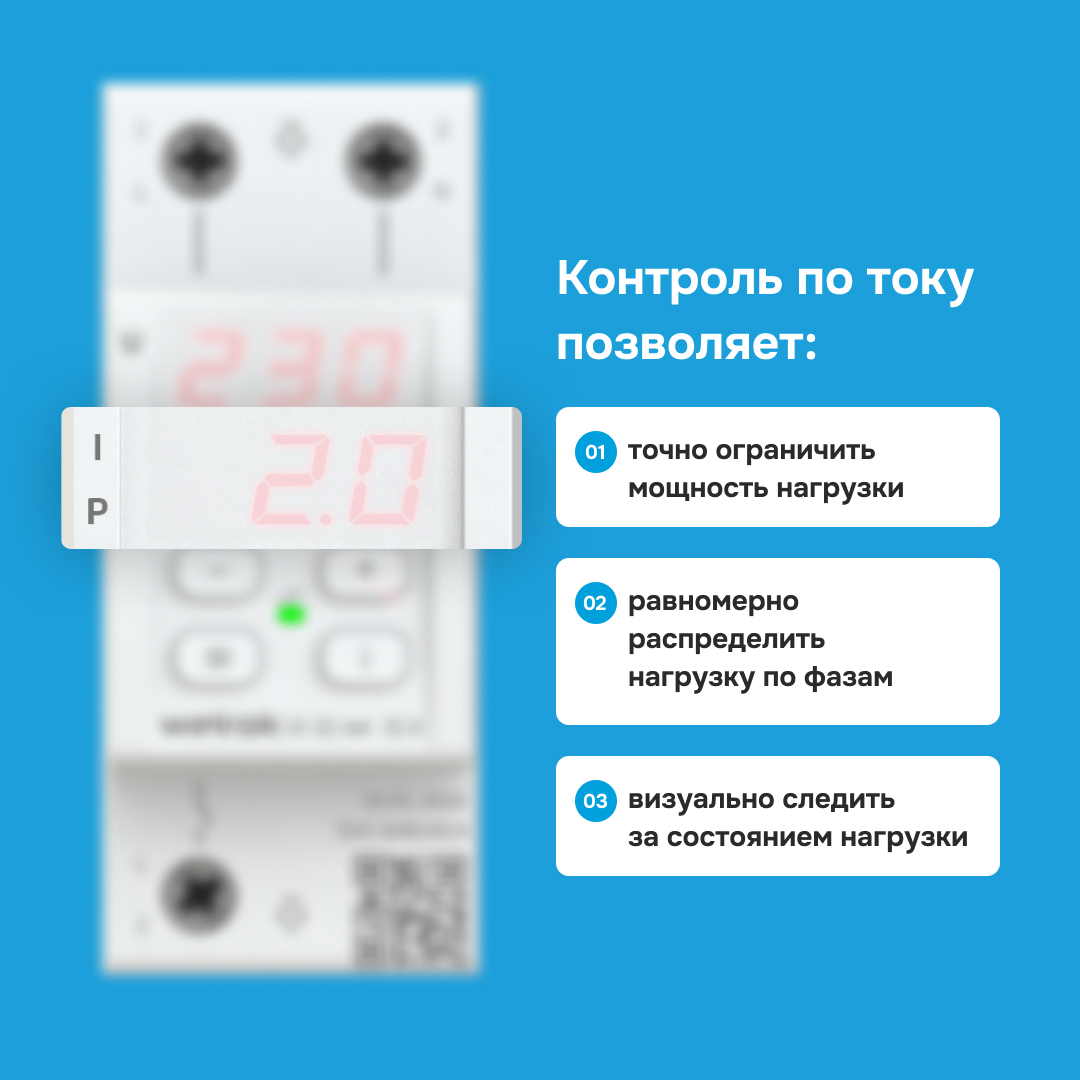 Контроль по току реле напряжения Welrok VI-32 red позволяет точно ограничивать мощность нагрузки, равномерно распределять нагрузку по фазам, визуально следить за состоянием нагрузки