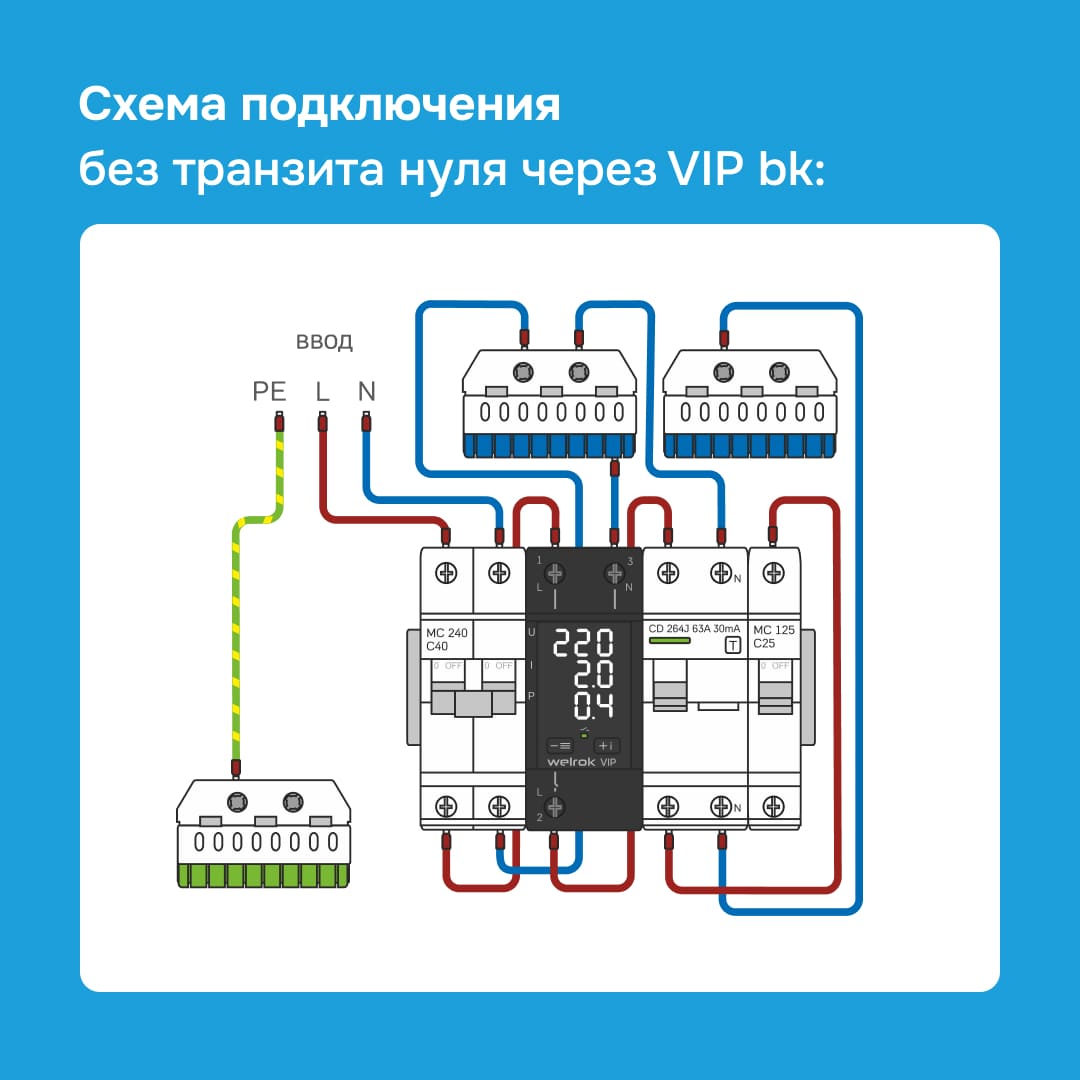 Реле напряжения Welrok VIP-63 bk подключается без транзита нуля, что повышает надежность